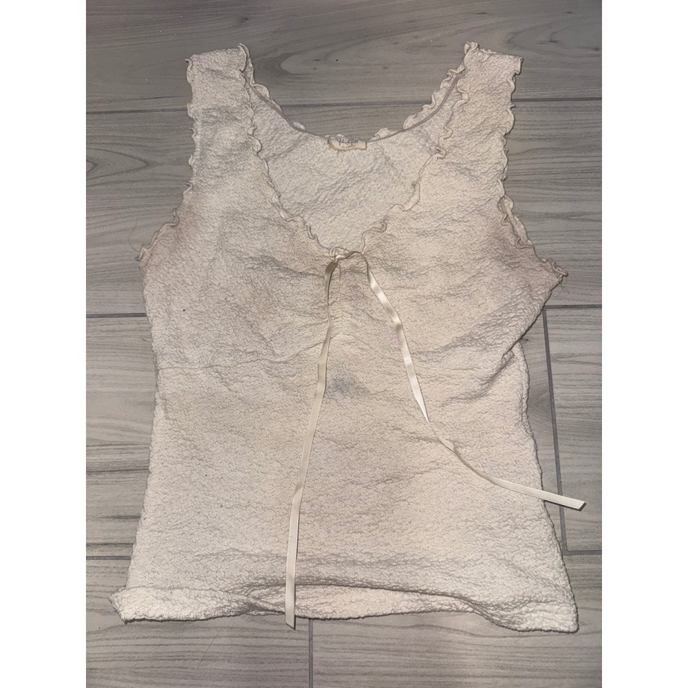 John Galt Brandy Melville Popcorn Crinkle Tank Top Cream Ruffle Ribbon One Size